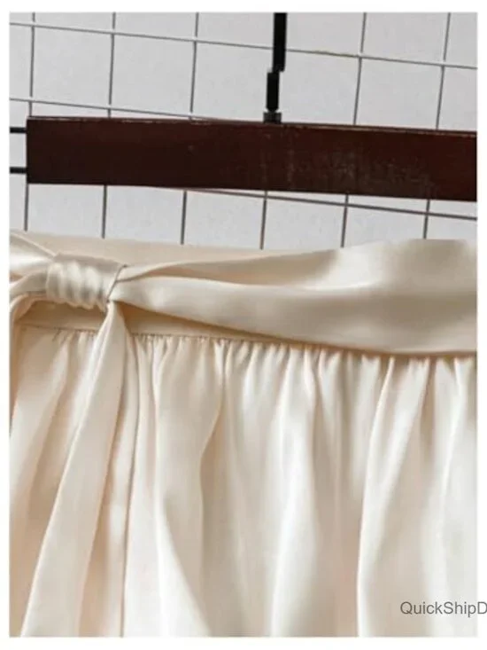 High Waisted Bowknot Ruffle Satin Midi Skirt - Picture 3 of 5